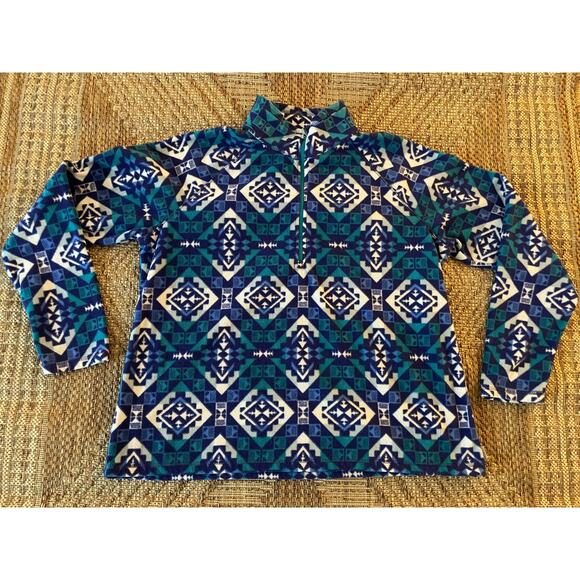 Eddie Bauer pullover blue green white Geo Print Mock Neck Flannel SZ 2XL - Picture 1 of 8